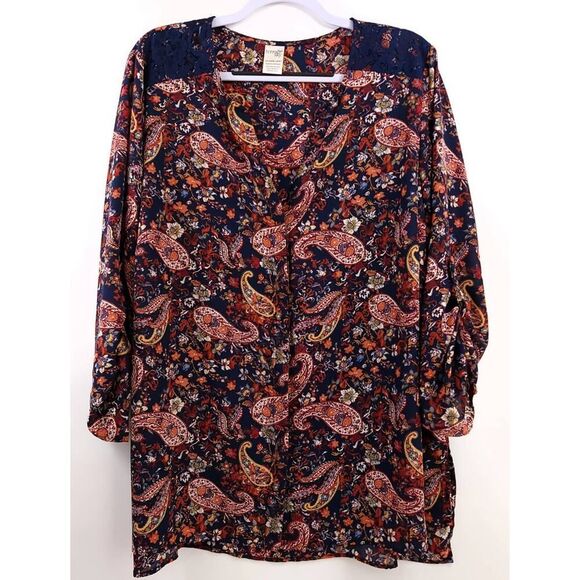 Terra & Sky Floral Paisley V-Neck Boho Blouse, Size 1X - Picture 1 of 9